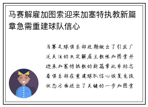 马赛解雇加图索迎来加塞特执教新篇章急需重建球队信心